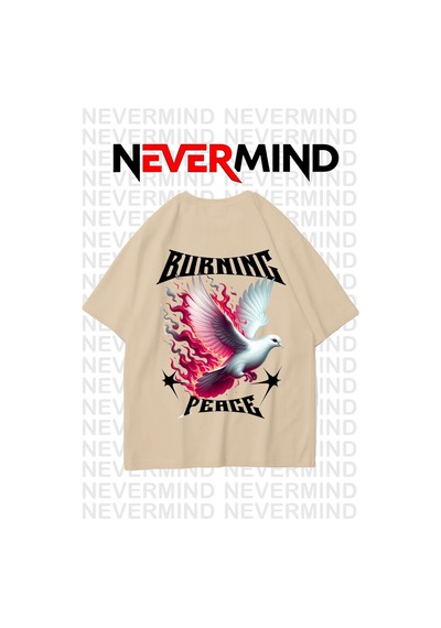 Nevermınd Unisex Burning Peace Baskılı %100 Pamuk Oversize Tişört Bej Bej