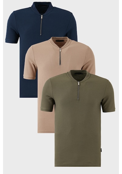 Buratti Pamuklu Regular Fit Yarım Fermuarlı Kolej Yaka 3'Lü Paket Erkek T Shirt 5902653S3 Vizon-Haki-Lacivert