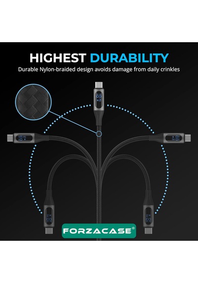 Forzacase FC898 Type -C To Type-C Örgülü Led Ekran 60W Pd Hızlı Şarj Kablosu 1 M