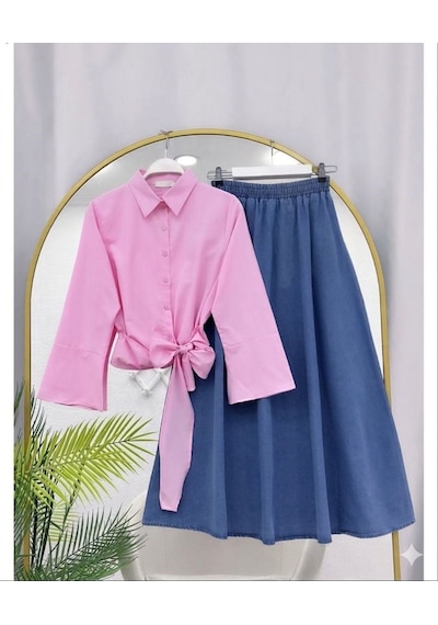 Lovie Moda Kadın Bağcıklı Gömlek Kot Etekli Takım - Pembe