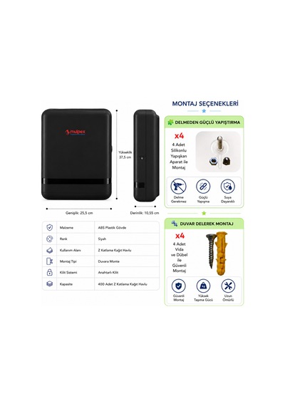 Mulpex Z Katlama Kağıt Havlu Dispenseri Siyah 400 Yaprak Kapasiteli Abs Duvar Tipi