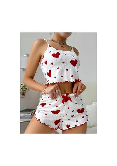 Bella Notte Pamuklu İp Askılı Kalp Desenli Pijama Takımı Kırmızı