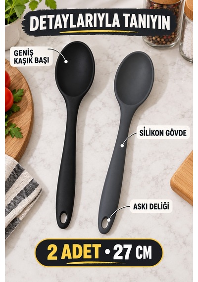 2'li Set Siyah Antrasit Büyük Boy Silikon Kaşık 27 Cm Mutfak Yemek Pişirme Ve Servis Kaşığı 2 Renkli