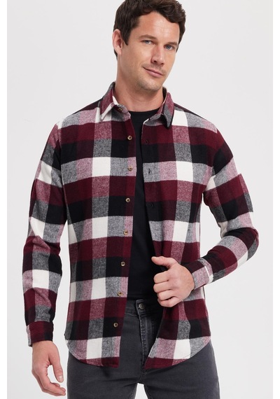 Tudors Erkek Slim Fit Dar Kesim Kareli Kışlık Oduncu Gömlek-42327 Bordo