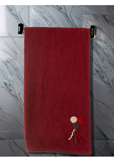 Çiçek Motifli, Kedi Tırnağı Oyalı, Yumuşak Dokulu Pamuklu Vücut Havlusu 70x130 Cm Kırmızı