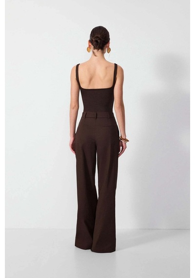 Vatkalı Pileli Wide Leg Pantolon-16651 Kahverengi