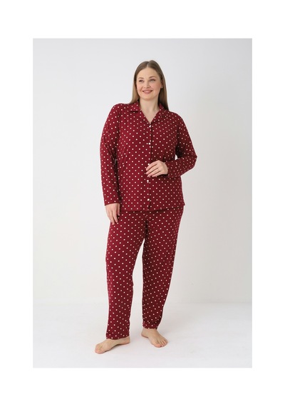 Estiva Kadın Puantiyeli Bordo Önden Düğmeli Soft Battal Pijama Takımı Çok renkli