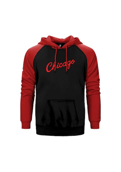 Chicago Yazı Kırmızı Renk Reglan Kol Kapşonlu Sweatshirt Kırmızı