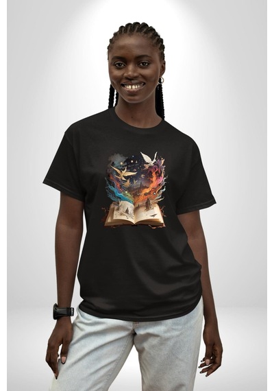 Hikaye Roman Kitabı Gerçekleşti Pamuklu Bisiklet Yaka Unisex Oversize Boyfriend Dijital Baskılı Siyah T-shirt Siyah