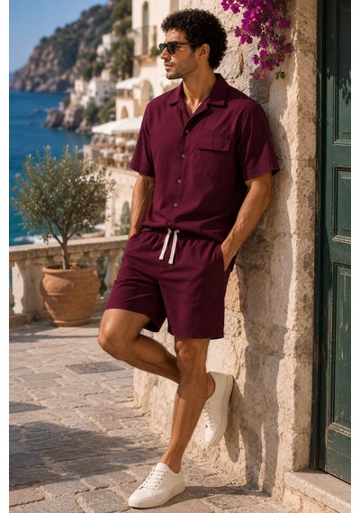 Erkek Premium Kumaş Modal Şort Slim Fit Takım Bordo 2018dngr