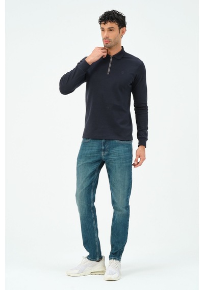 Fermuarlı Uzun Kollu Regular Fit Erkek Polo Yaka T-shirt Lacivert