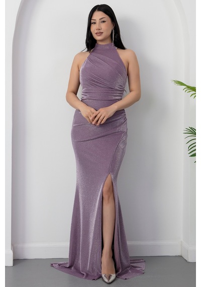 Kalopya Halter Yaka Yırtmaçlı Simli Elbise Drp0013 Lila