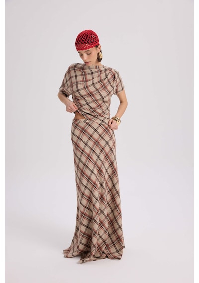 Mai Collection Petunya Ekoseli Turuncu Crop Etek Takım Turuncu