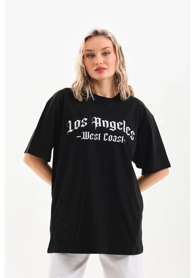 Freedom Storee Kadın Baskılı Tişört Kısa Kol Bisiklet Yaka Oversize T-shirt - Siyah Çok Renkli