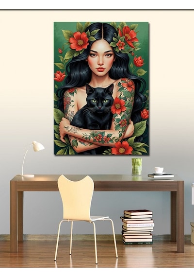 Kanvas Tablo Kara Kedi Ve Kadın 100cmx140cm