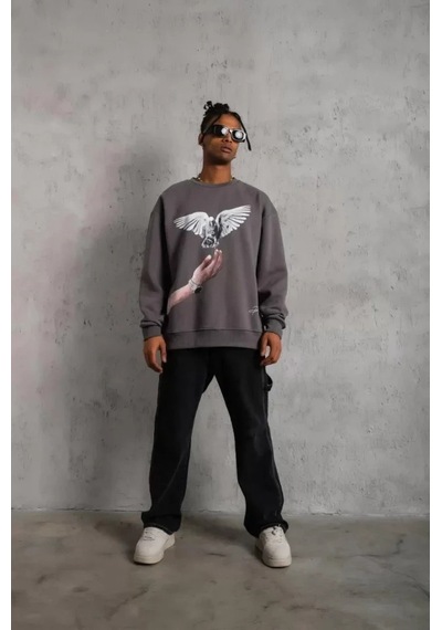Vexor Erkek Güvercin Baskılı Sweatshirt - Gri