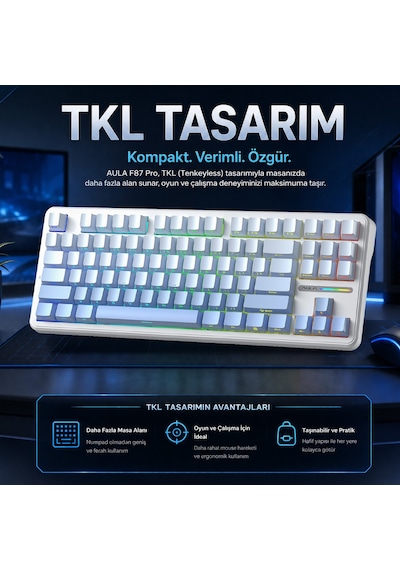 Aula F87 Pro Mekanik Rgb Tkl Graywood V4 Switch Kablosuz Makrolu Hot Swap Klavye Gradyan Mavi