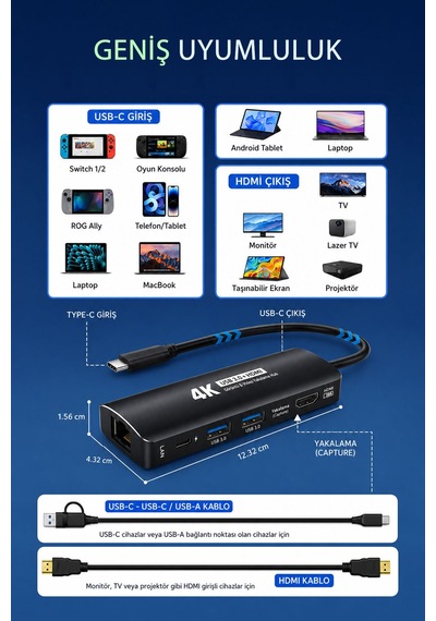 Usb-c Capture Dock, Switch 2 Ve Steam Deck İçin 4k 60 Hdmı Çıkışlı Video Yakalama İstasyonu, Pd 100w Şarj, Gigabit Ethernet, Usb 3.0 Hub, Obs Uyumlu