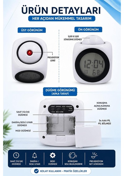 Tr Duvara Yansıtan Projeksiyonlu Dijital Çalar Saat Konuşan Termometreli Led Alarm Masa Saati Genel
