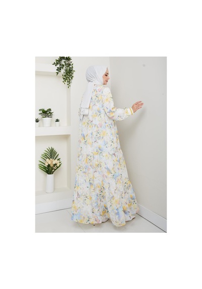 Harman Butik Kadın Desenli Şifon Elbise Beyaz Beyaz