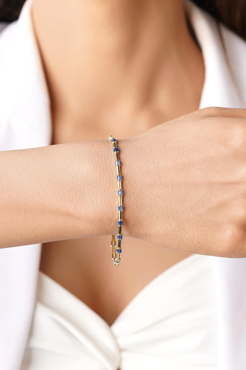 14 Ayar Altın Safir Taşlı Modern Bileklik Pembe Altın