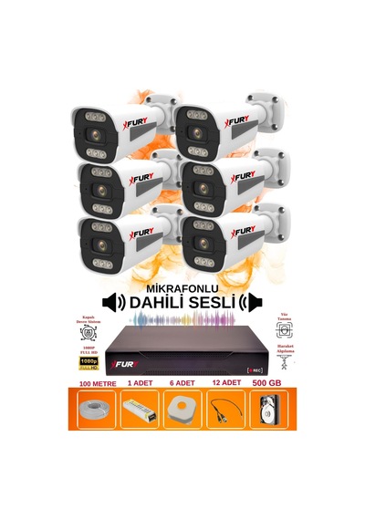 Fury 6 Lı Sesli 6 Warm Led Gece Renkli Görüş Su Geçirmez Güvenlik Kamerası Seti 500gb