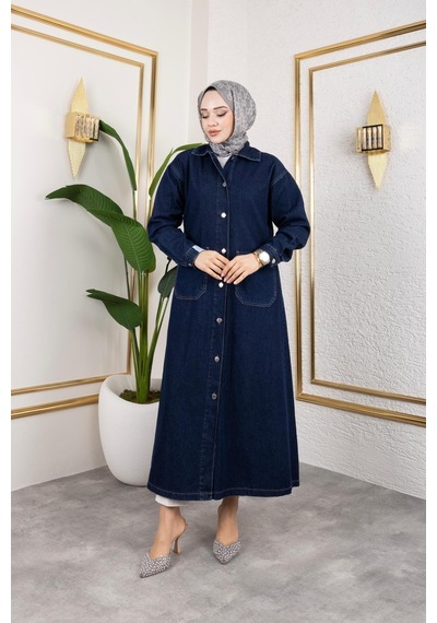 Harman Butik Kadın Düğmeli Uzun Kot Kap Lacivert Lacivert