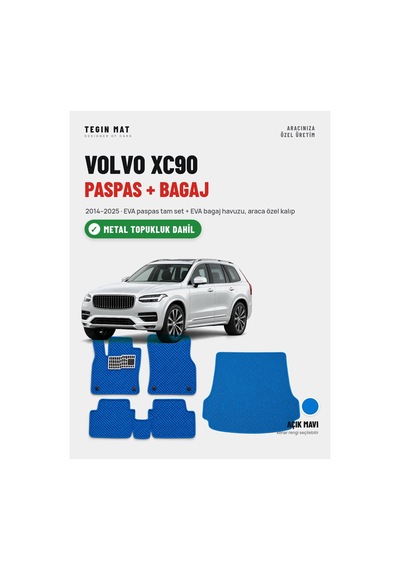 Volvo Xc90 Eva Paspas + Bagaj Havuzu Seti 2014 2025 Mavi Metal Topukluk Dahil