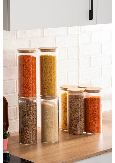 Porsima 4-4 Bambu Borosilikat Vakumlu Kapaklı Yuvarlak Cam 8li Kavanoz Seti Saklama Kabı 2100ml 10x30cm