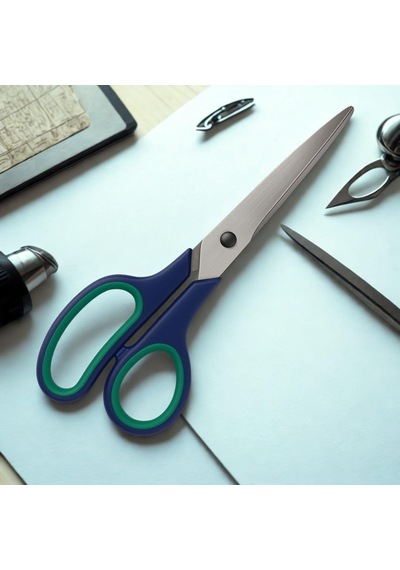 Jouis Makas 21.5 Cm Paslanmaz Çelik Büyük Ofis Makası Ergonomik Kauçuk Saplı, Yeşil-lacivert Renkli, Ev & Bü
