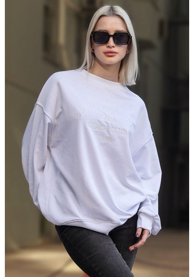 Madmext Beyaz Bisiklet Yaka Baskılı Sweatshirt Mg1924 Mavi