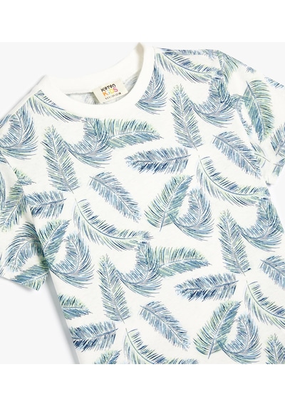 Koton T-shirt Yaprak Baskılı Kısa Kollu Bisiklet Yaka Pamuklu Lacivert Desenli 4skb10171tk Lacivert