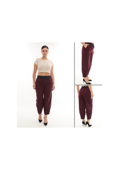 Büyük Beden Mom Fit Kışlık Spor Şık Kadın Pantolon Bordo