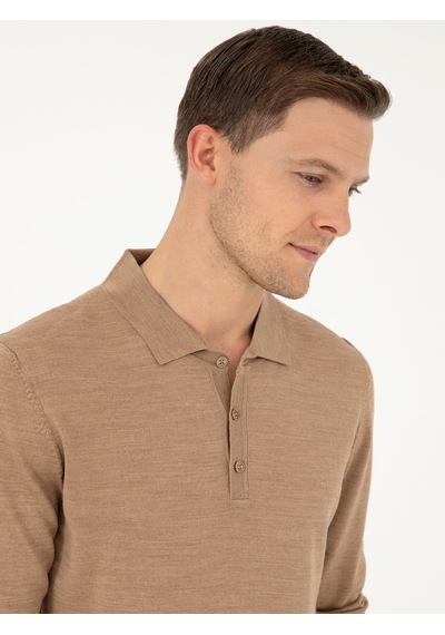 Cacharel Camel Slim Fit Yün Karışımlı Polo Yaka Basic Triko Kazak Kahverengi