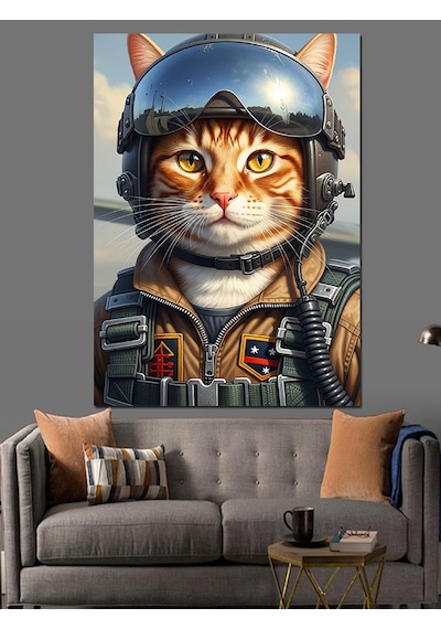 Ahşap Tablo Pilot Kasklı Kedi Portresi