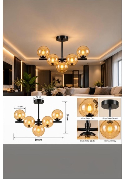 Aden 5 Li Siyah Modern Sarkıt Avize Bal Opal Camlı, Metal Gövdeli, Salon -oturma Odası -yatak Odası-mutfak-antre Aydınlatması