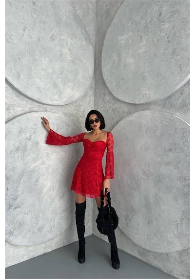 Dip Moda Kadın Kırmızı Glop Detaylı Dantel Mini Elbise Dpnbdf105 Kırmızı