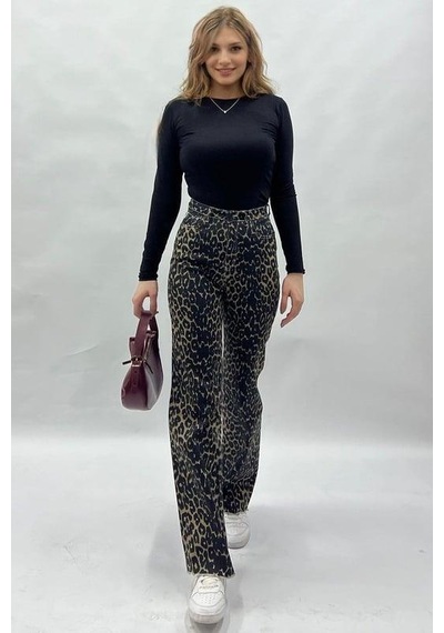 Seeh Siyah Leopar Palazzo Kadın Jean Pantolon Sh352 Desenli