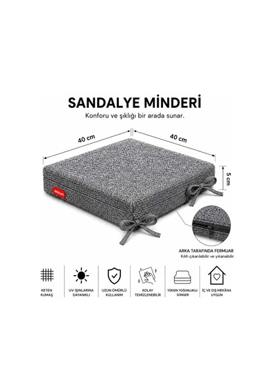 Comfort Plus Sandalye Koltuk Minderi 40x40 Bağcıklı Fermuarlı Yıkanabilir Balkon Bahçe Minderi 2 Li Gri 2li