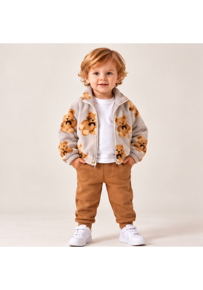 Maxx Kelın Erkek Bebek Ayıcık Desenli Peluş Mont Ve Taba Pantolon 2'li Takım Gri 9-12-18 Ay
