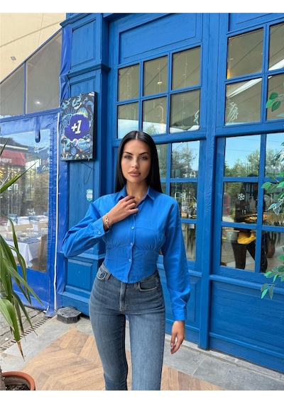 WeShaya Saks %100 Polyester Parçalı Desenli Gömlek Saks