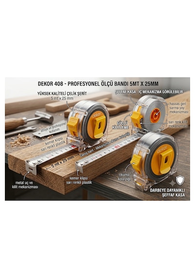 408 Profesyonel Şeffaf Kasa Darbeye Dayanıklı Şerit Metre Çelik Ölçü Bandı 5 Mt X 25 Mm 5 M