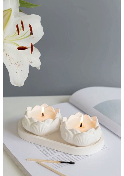 Bernami Biblo Pinterest 3'lü Dekoratif Lotus Mum Ve Beyaz Tabak Seti