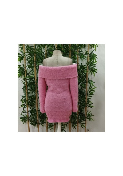 Wellway Uzun Kollu Madonna Yaka Kısa Şardonlu Yumuşak Triko Mini Elbise Pembe Pembe