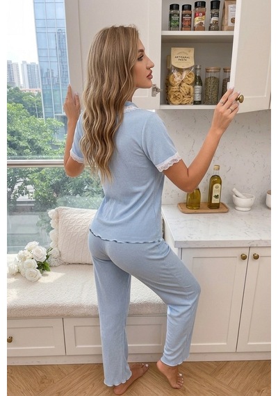 Bella Notte Mavi Dantel Yaka Fiyonk Detaylı Kısa Kollu Kadın Pijama Takımı