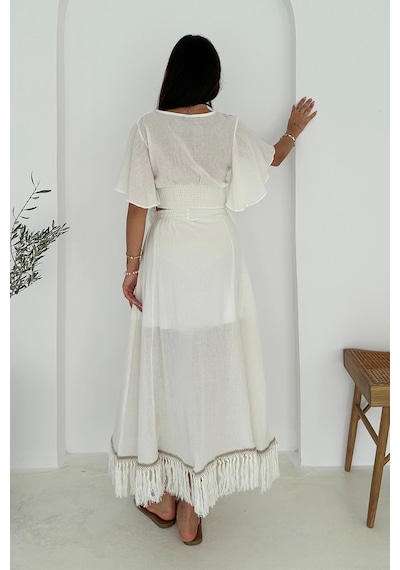 Asprin Fashion Püsküllü Bluz Etek Takım Beyaz Beyaz