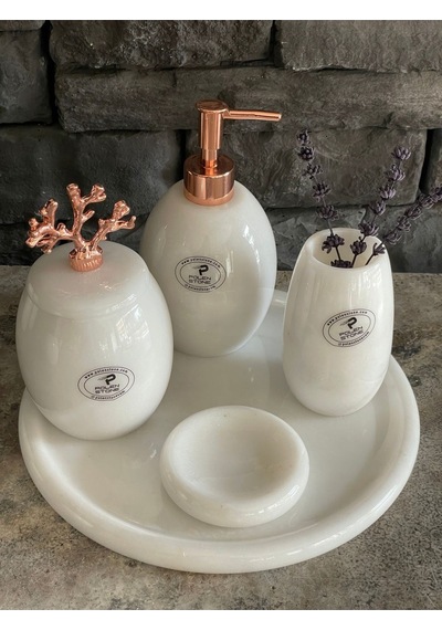 Beyazı Mermer Rose Gold Mercan Aksesuarlı Oval 5,li Banyo Seti Beyaz