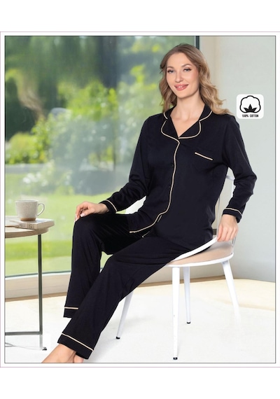 Melodi Kadın %100 Pamuk Önden Düğmeli Uzun Kol Baharlık Pijama Takımı 16219 - 1 Adet Siyah Melodi Kadın %100 Pamuk Önden Düğmeli Uzun Kol Baharlık Pijama Takımı 16219 - 1 Adet Siyah