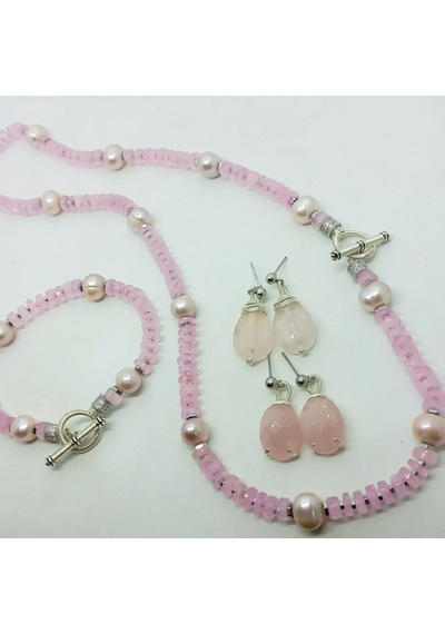 2632 Hindistan El Kesimi Pembe Kuvars Doğal Pembe İnci Zirkon El Yapımı Kolye Açık Pembe