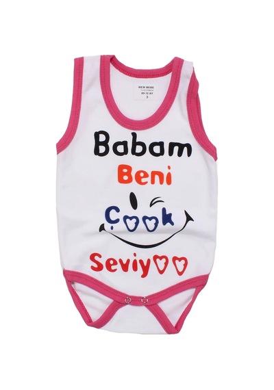Bebegen Kız Bebek Beyaz Fuşya Biyeli Babam Beni Seviyor Yazılı Askılı Zıbın